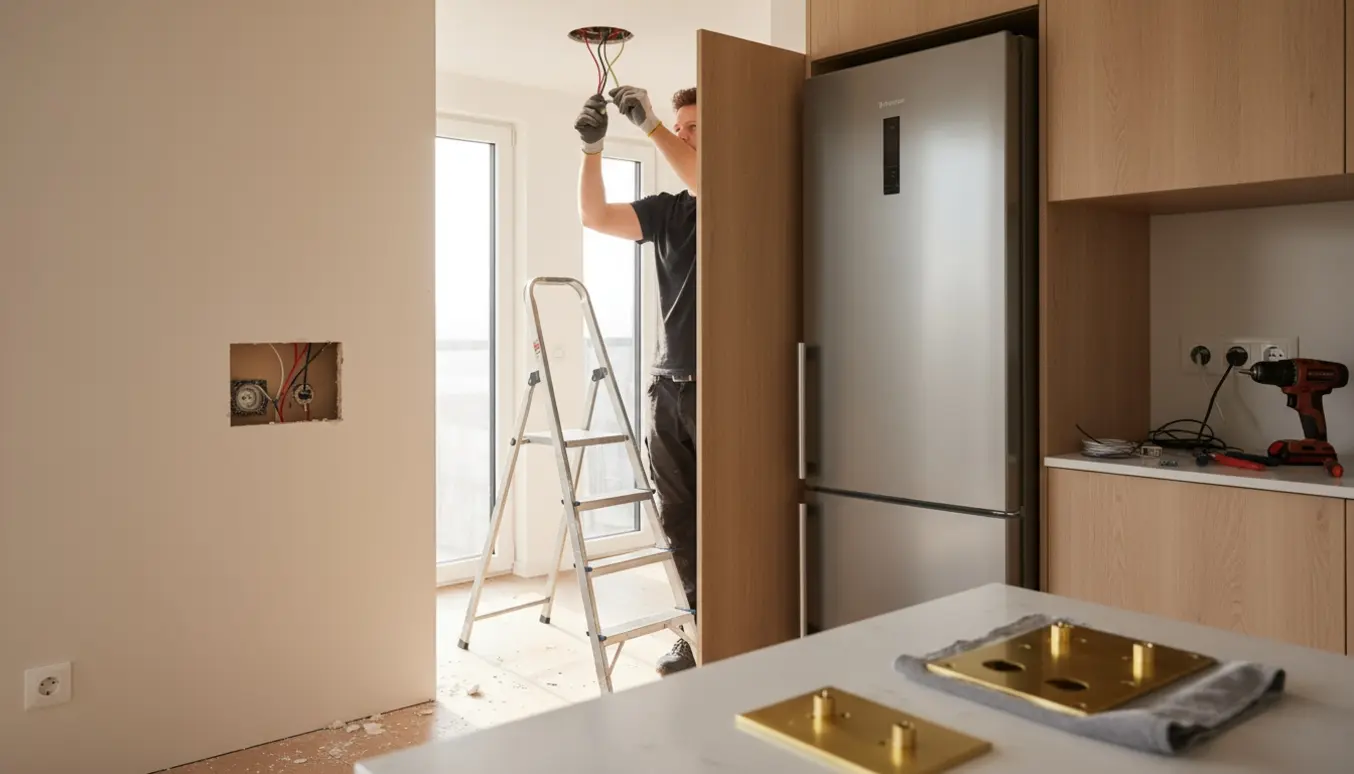 Elektriker monterer nyt lampeudtag, stikkontakter og antenne i et moderne køkken.