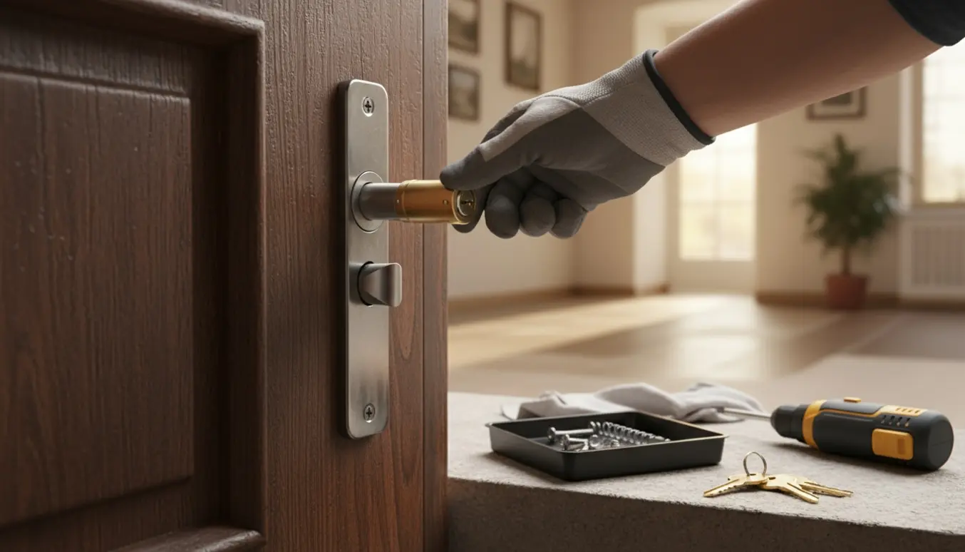 Nærbillede af hænder, der udskifter låsecylinder på en lejlighedsdør med skruetrækker og reservedele.