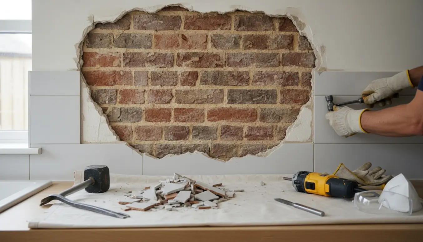 Køkken under renovering med delvist blotlagt rå murstensvæg, nedtagne fliser og håndværktøj.