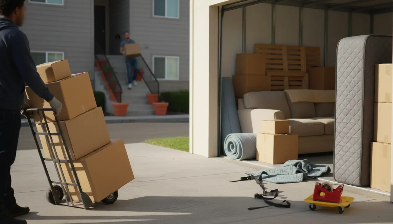 Flyttefolk laster flyttekasser og møbler fra et åbent depotrum ind i en varebil ved en lejlighedsbygning.