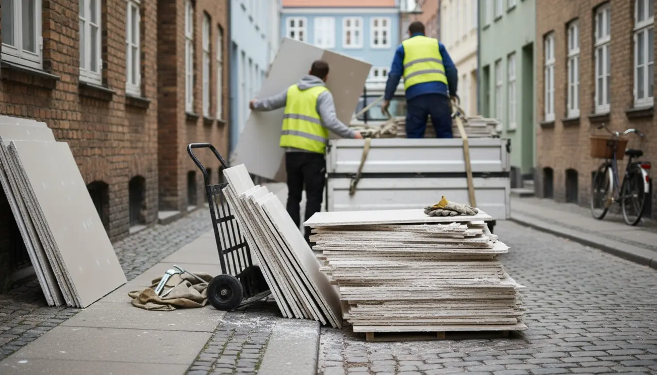 Affald fra nedtaget gipsvæg stablet på fortovet i København klar til afhentning.