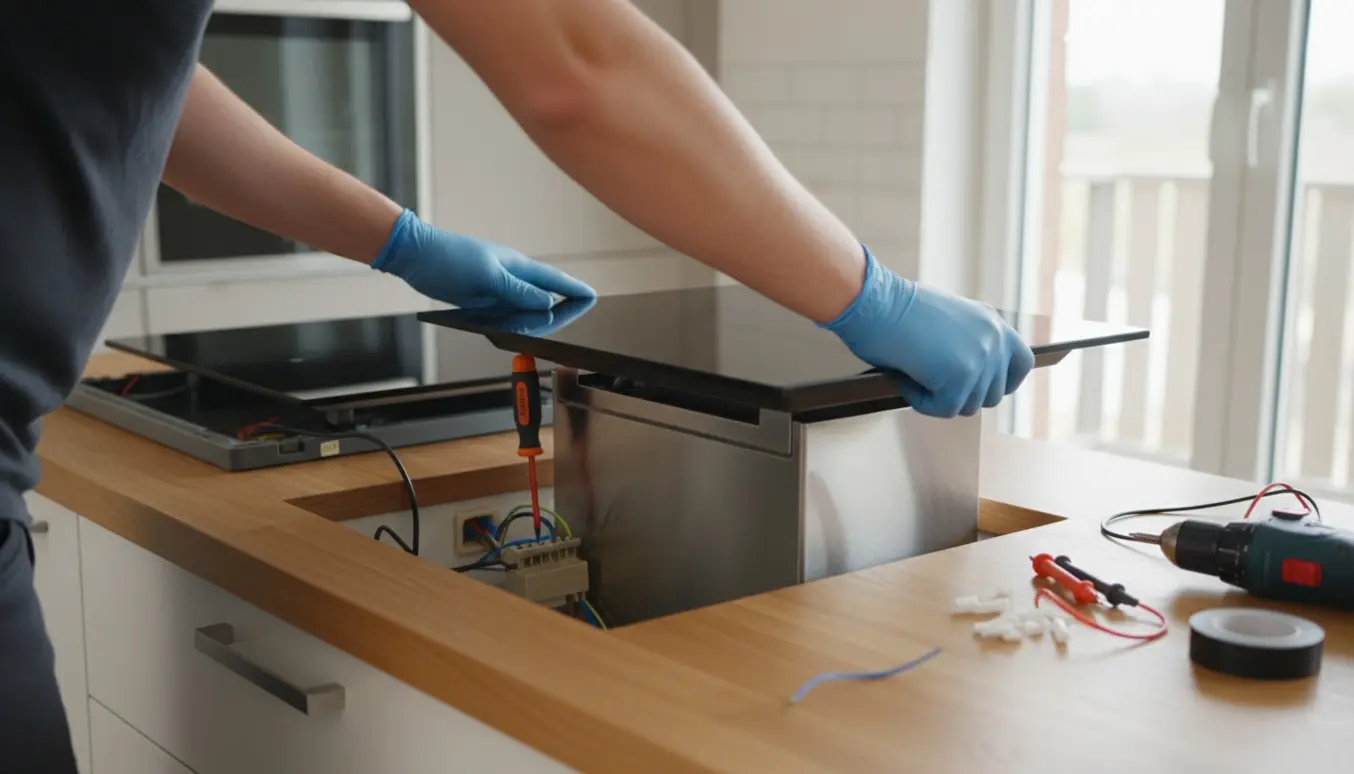 Autoriseret elektriker monterer en ny kogeplade med integreret emhætte, fokus på hænder og værktøj.