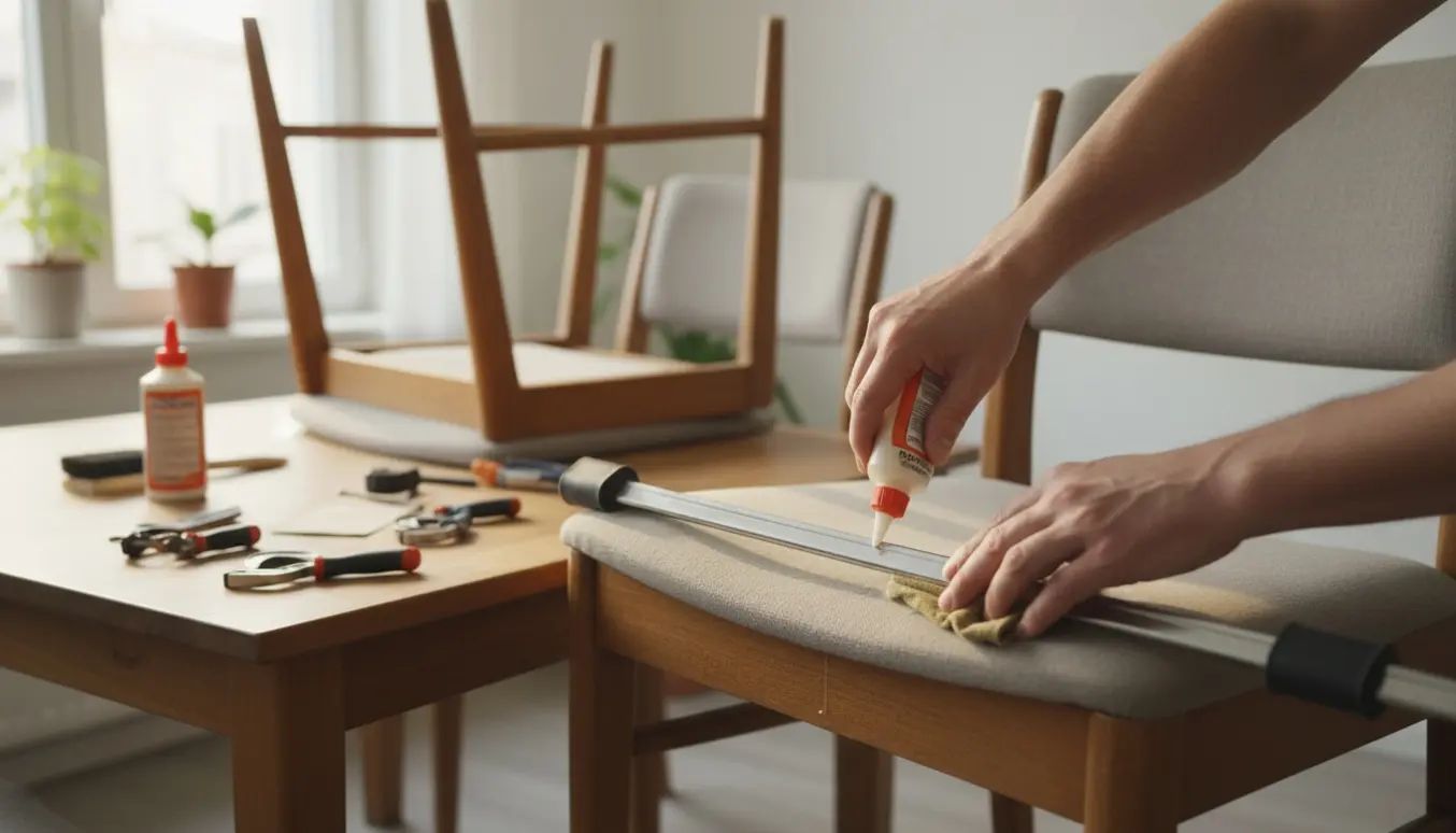Nærbillede af reparation af en løs spisestol hvor lim påføres og en klemme holder stoleryggen fast mod sædet, Alcantara-polstring synlig.