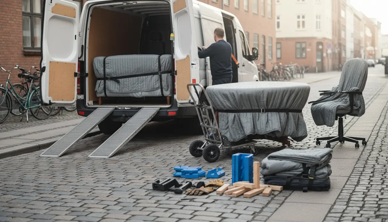 Stor sofa, rundt spisebord og kontorstol læsses i en flyttevogn på en københavnsk gade.