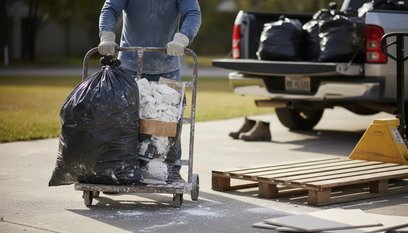 Arbejdshænder læsser sorte affaldsposer med gips på en tralle ved en pallet og varebil.