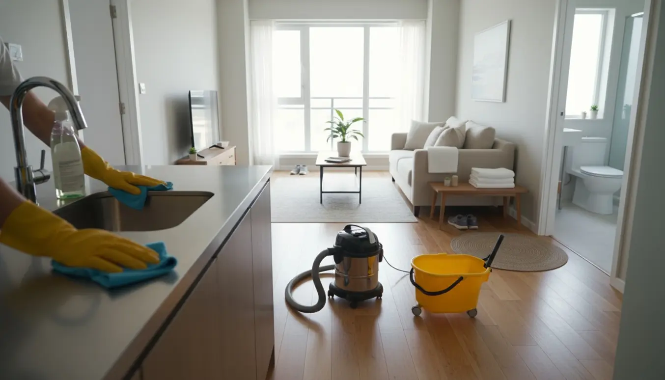 Rengøringsperson uden synligt ansigt tørrer køkkenbord i en lys, ryddet lejlighed med støvsuger og moppe.