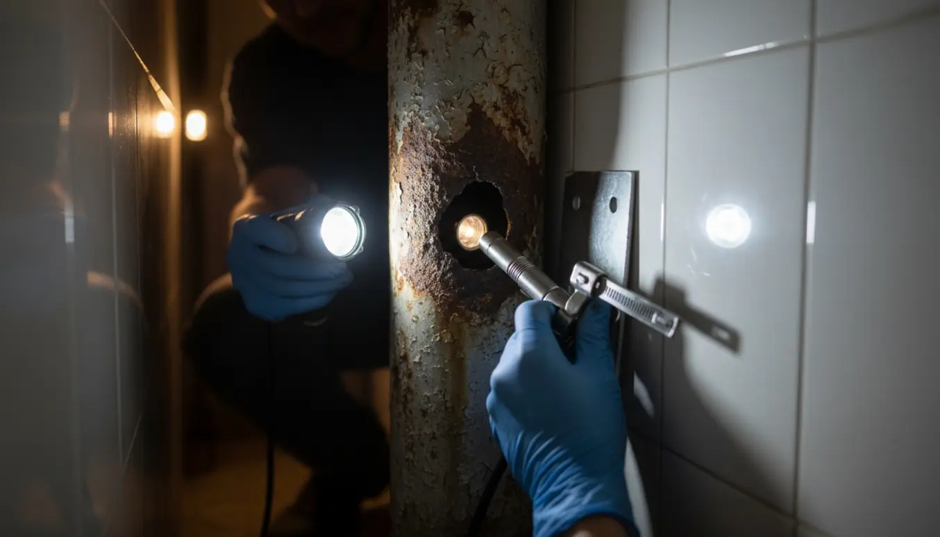 Nærbillede af en gammel jernfaldstamme med et rustet hul ved flisevæggen, gloved hånd med lommelygte og værktøj til eftersyn.