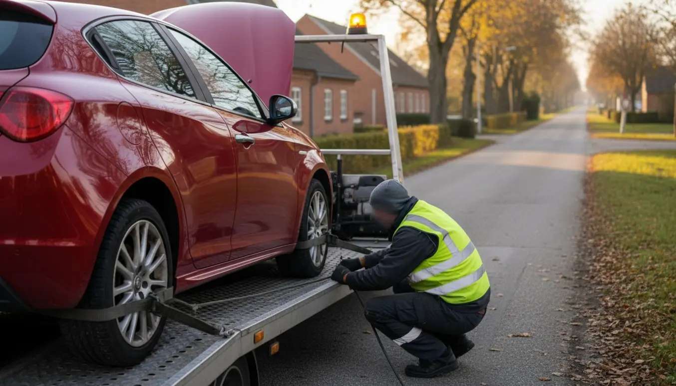 Rød Alfa Romeo Giulietta halvvejs på en bugseringsvogn mens mekaniker sikrer bilen.