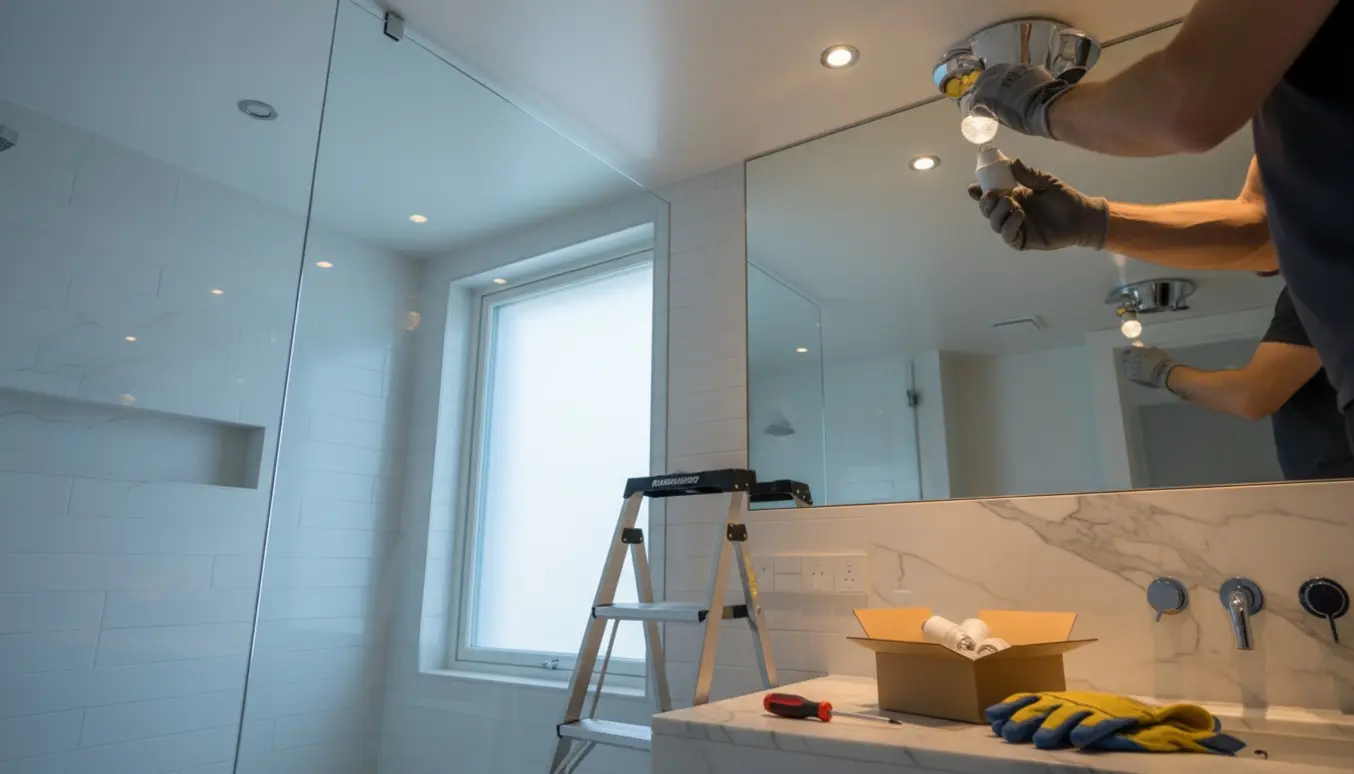 Nærbillede af hænder, der udskifter en loftspot-pære i et badeværelse med værktøj og nye pærer i baggrunden.