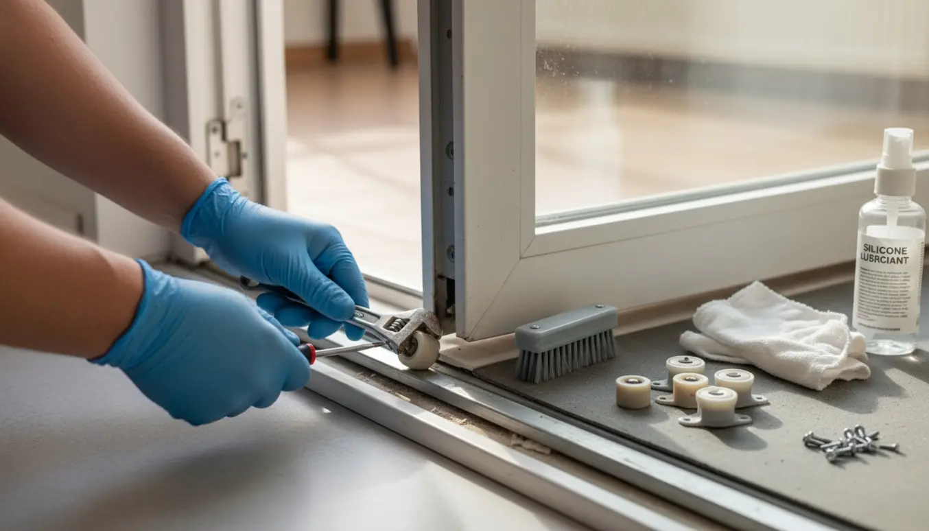Nærbillede af reparation af plastik skydedør med hænder, værktøj og udskiftningshjul på en spor.