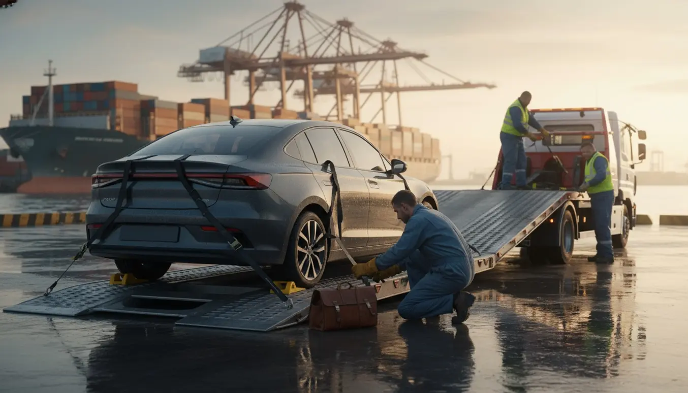 Bil sikret på en lavvogns-trailer i Aarhus havn, klar til transport til mekaniker.