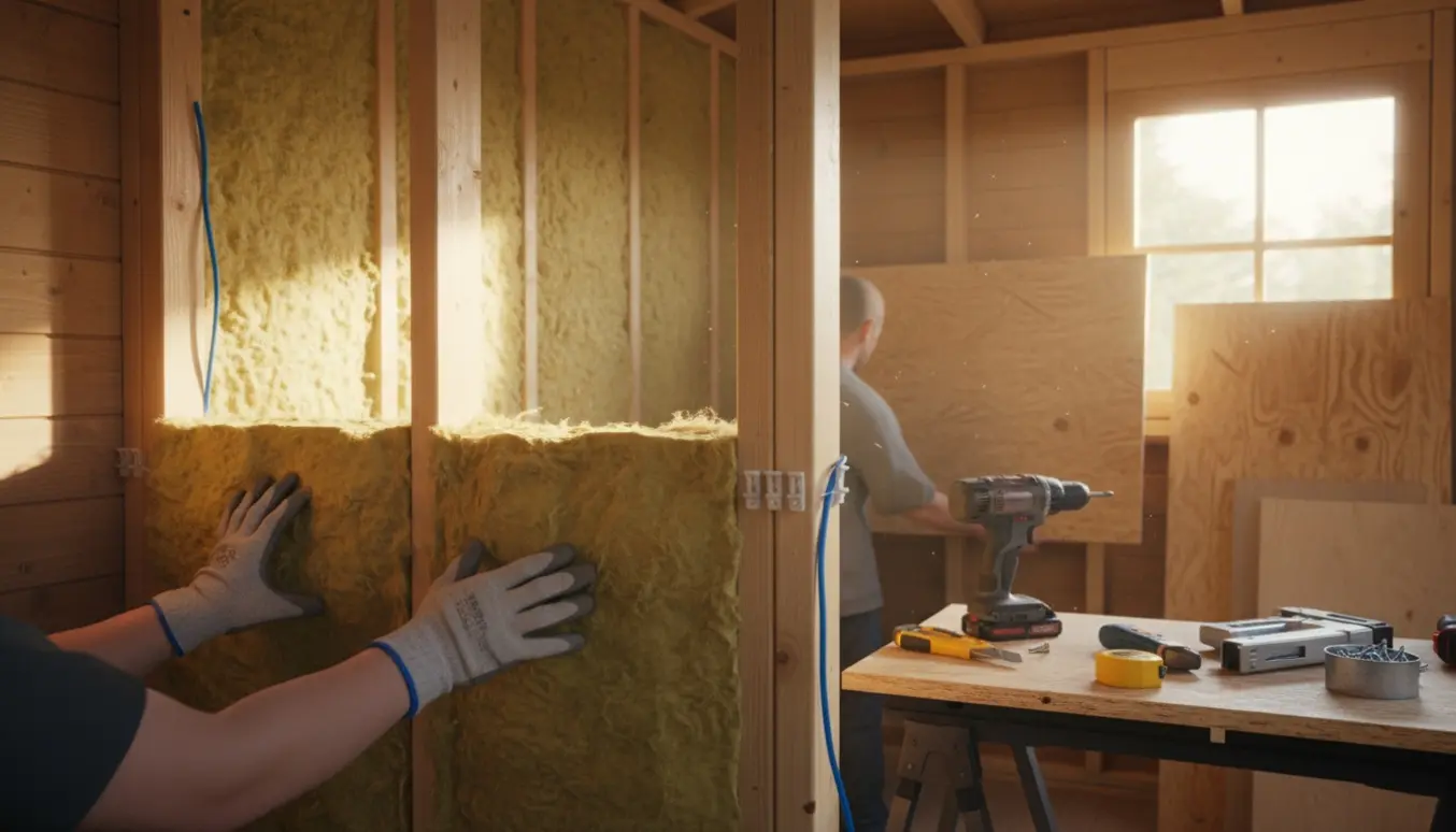 Indvendigt skur under isoleringsarbejde med hands-on montering af isolering og synligt kabel klar til at blive dækket af krydsfiner.