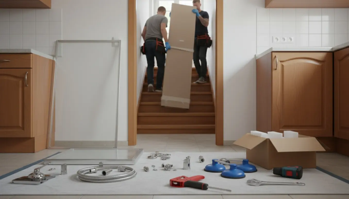 Håndværkere bærer en indpakket brusekabine op ad trappen, mens værktøj og dele ligger klar i køkkenet til montering.