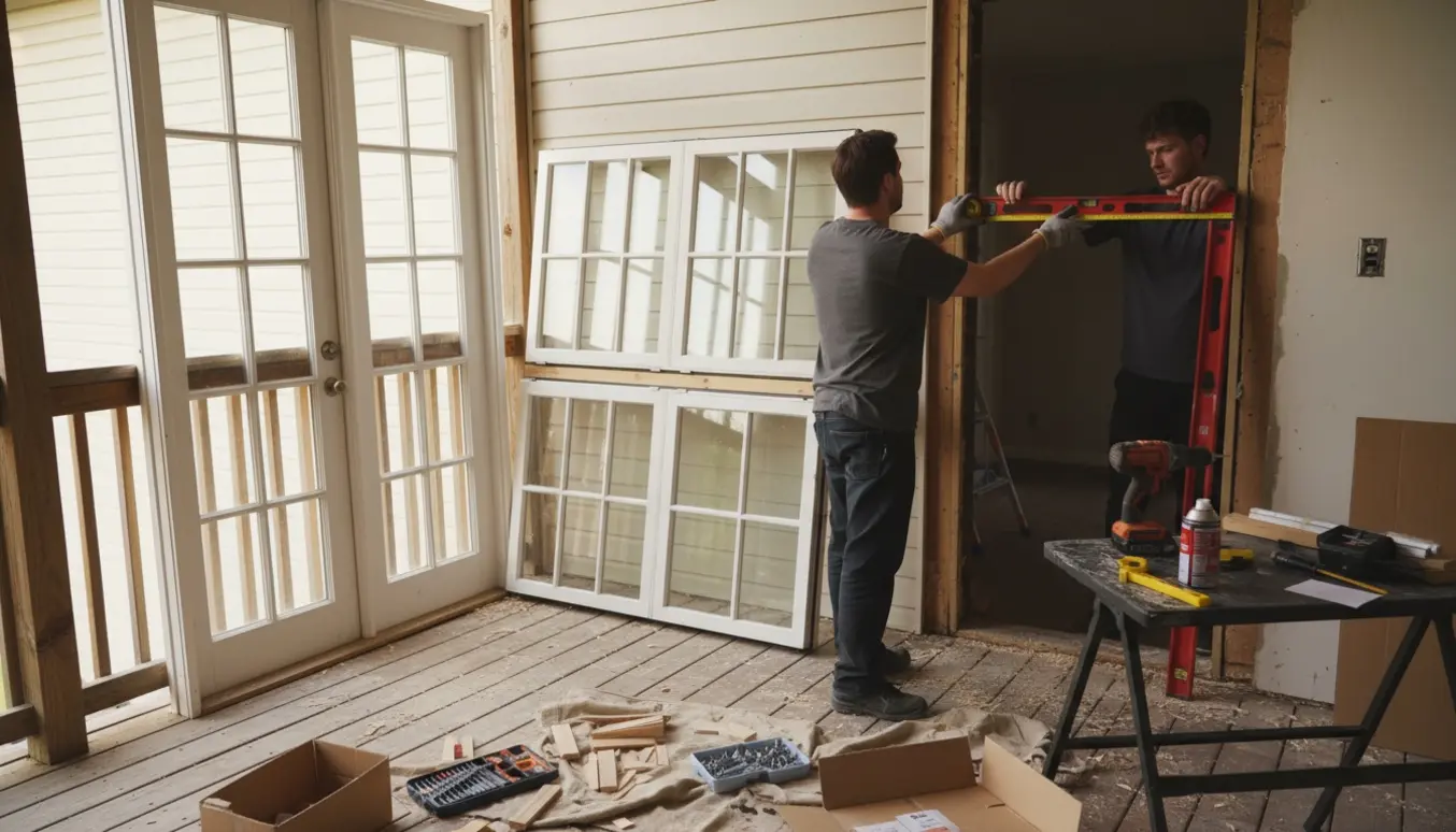 Installatører måler og forbereder udskiftning af en dobbelt terrassedør og flere vinduer med værktøj og nye rammer.
