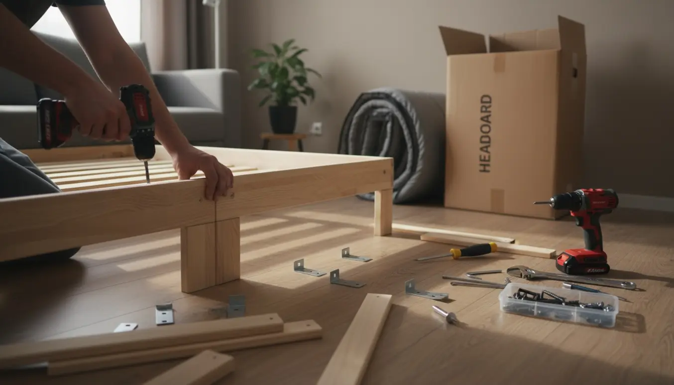 Hænder samler en træ-seng i et lyst værelse med værktøj spredt på trægulvet.