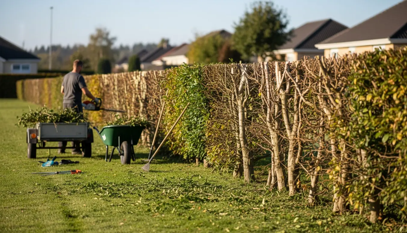 Lang ligusterhæk bliver klippet, med friske afklip samlet i trillebør og trailer, arbejdere med ansigter vendt væk.