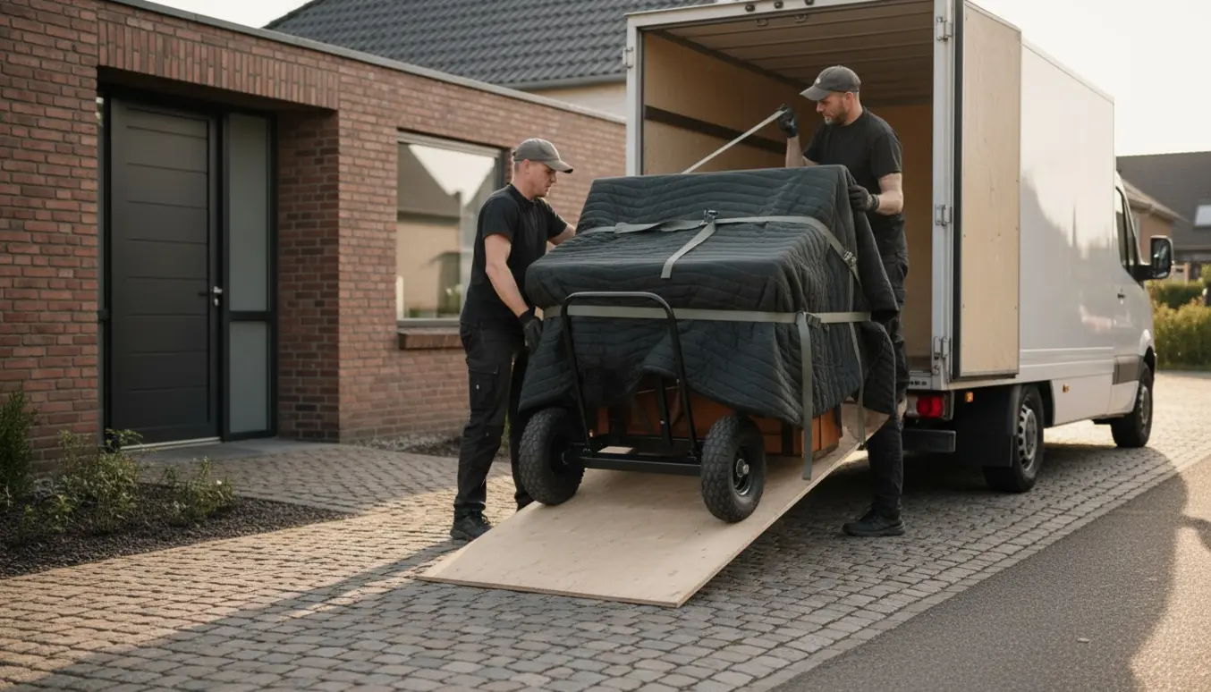 Tungt opretstående klaver indpakket i flyttetæpper og sikret på en dolly ved indgang og flyttevogn.
