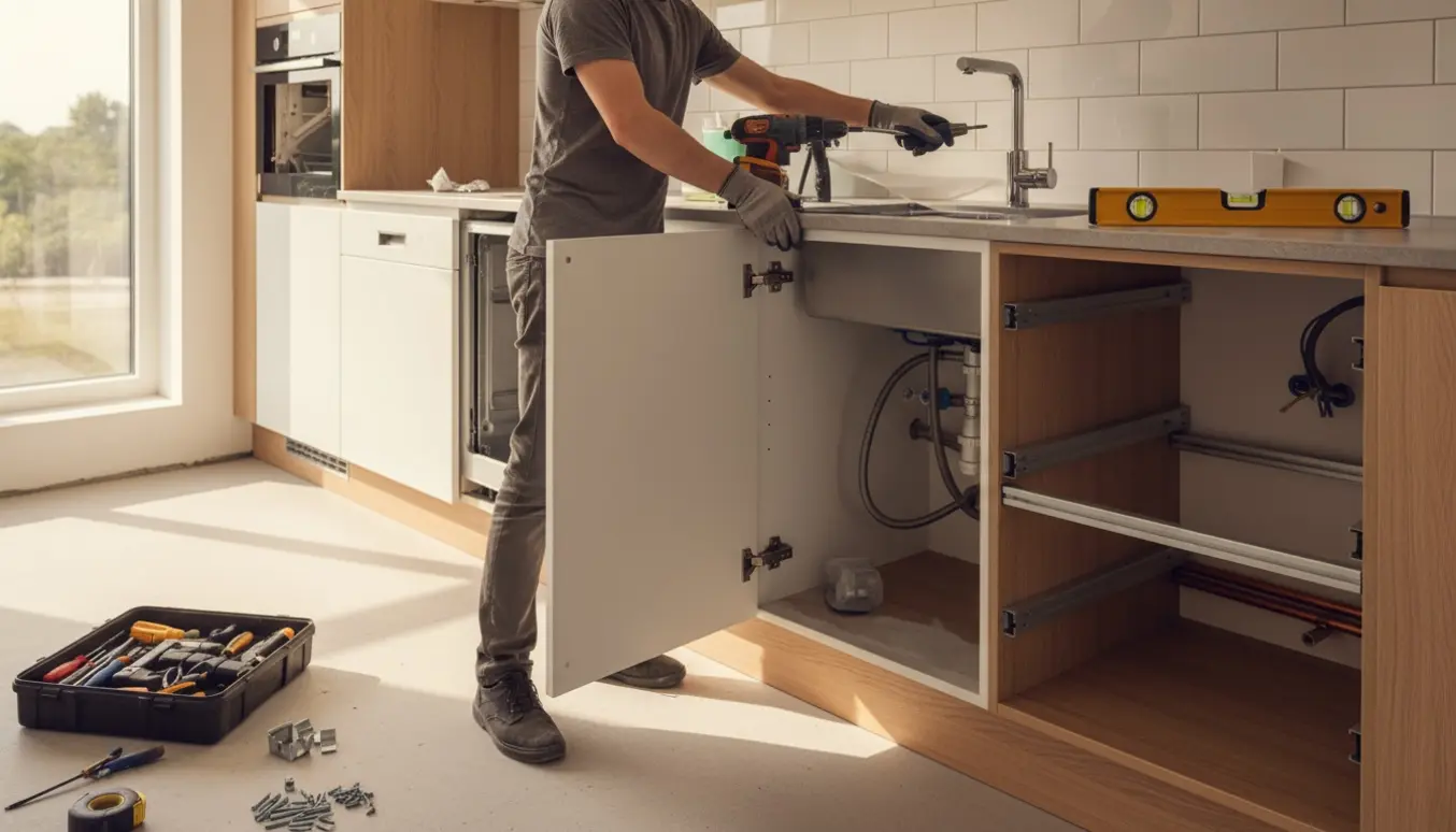 Installatører monterer et moderne køkken med værktøj og tilslutninger til vand og strøm.