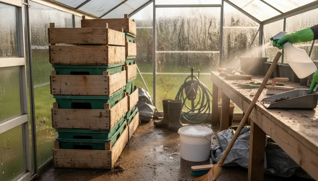 Indvendigt drivhus på ca. 12 m² med 10–12 tomme plantekasser og rengøringsudstyr, mens en hand sprayer desinfektion.