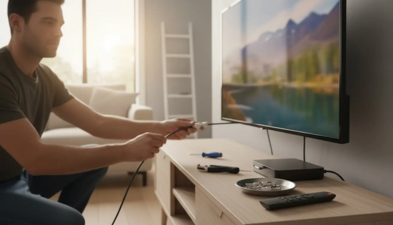 Hænder forbinder et coax-kabel til et vægmonteret fladskærms-tv i en lys stue under installation af tv-kanaler.