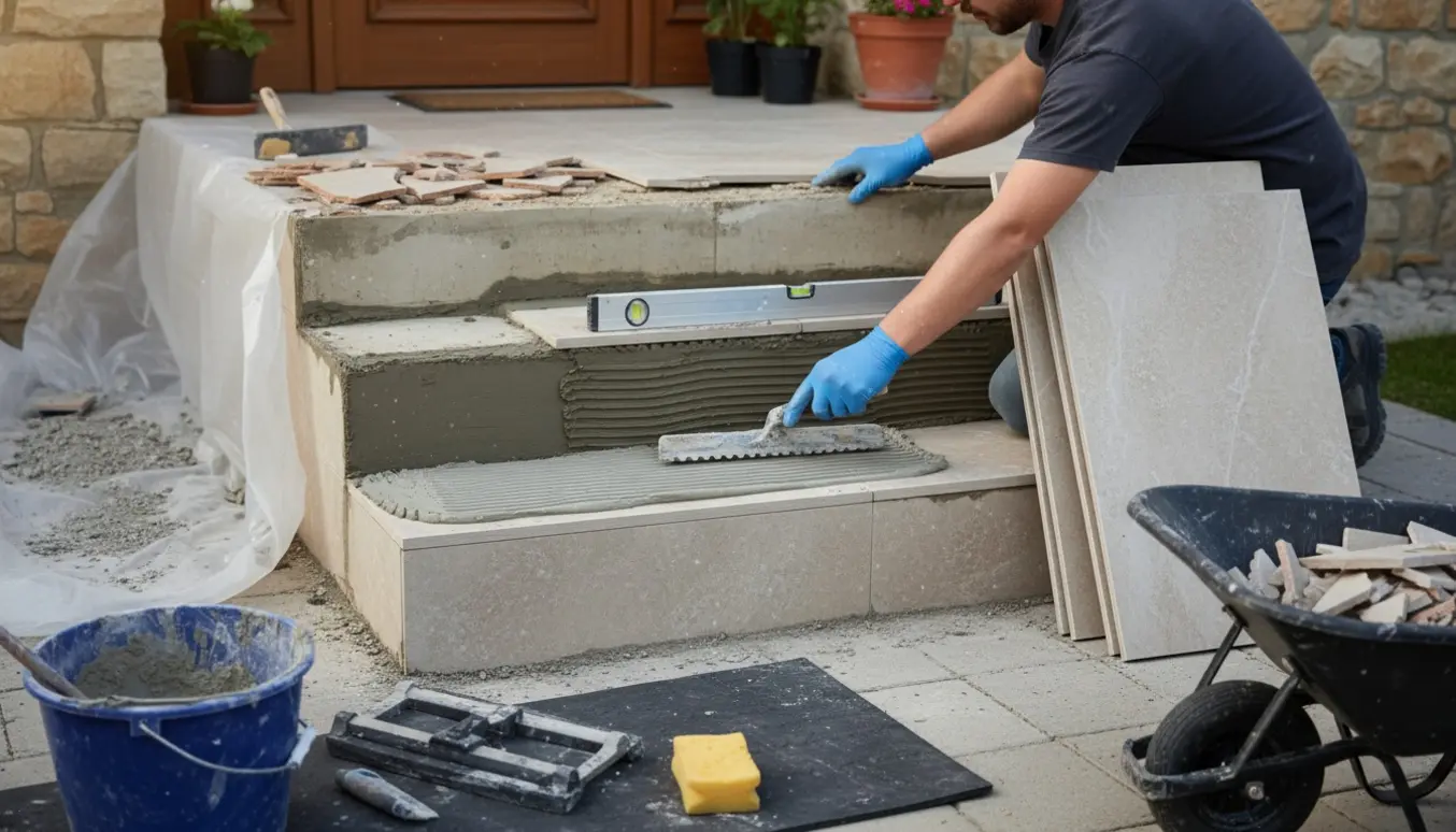 Udendørs fire-trins trappe under renovering med nye fliser, mørtel og værktøj.