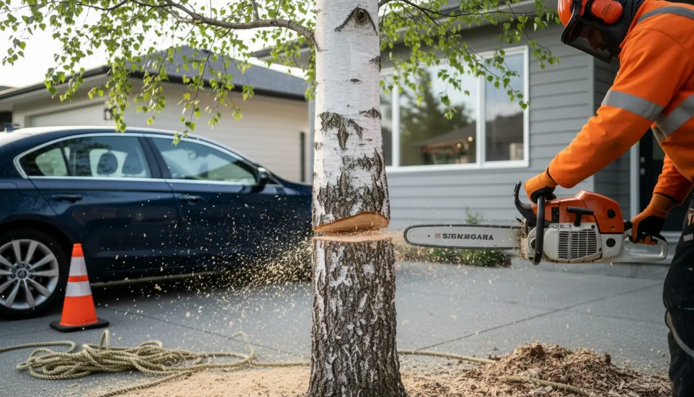 Motorsav skærer bunden af et cirka femten meter højt birketræ tæt ved en indkørsel og hus, med savsmuld og værktøj i forgrunden.