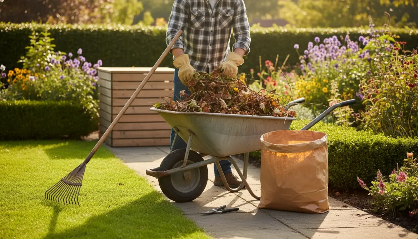 En anonym person i handsker læsser blade i en trillebør i en solrig, ryddet have.