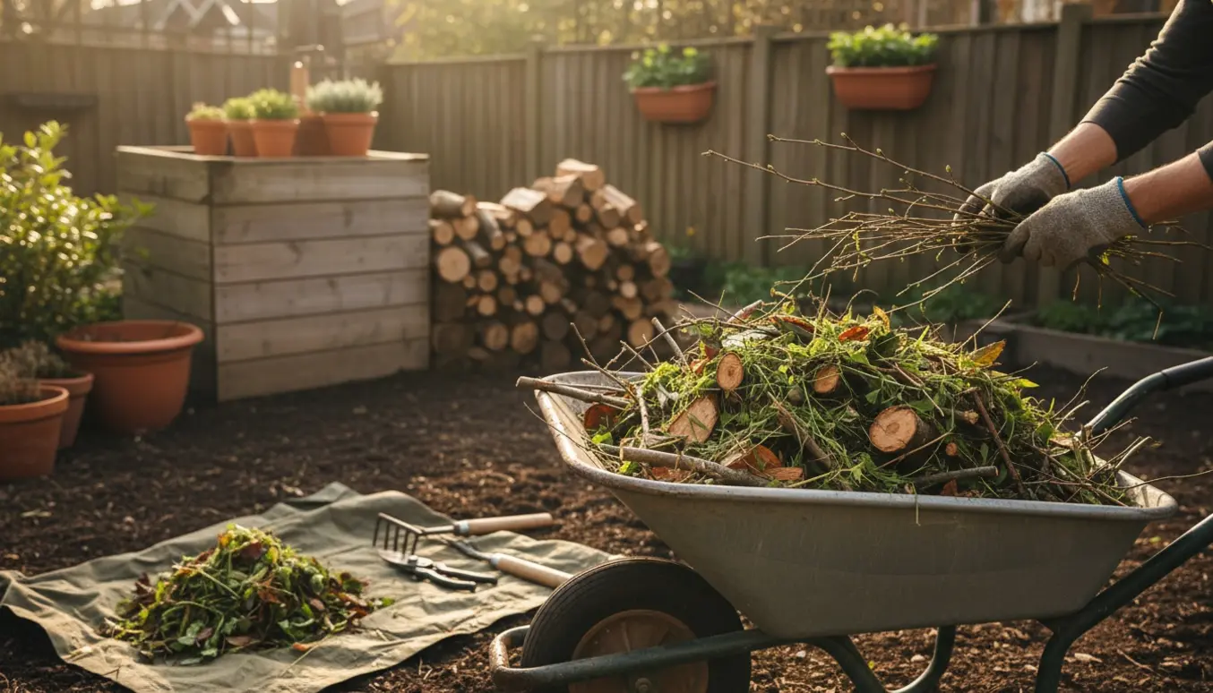 Solrigt havearbejde med en trillebør fyldt med haveaffald og små træstykker, hvor hænder med handsker rydder op.