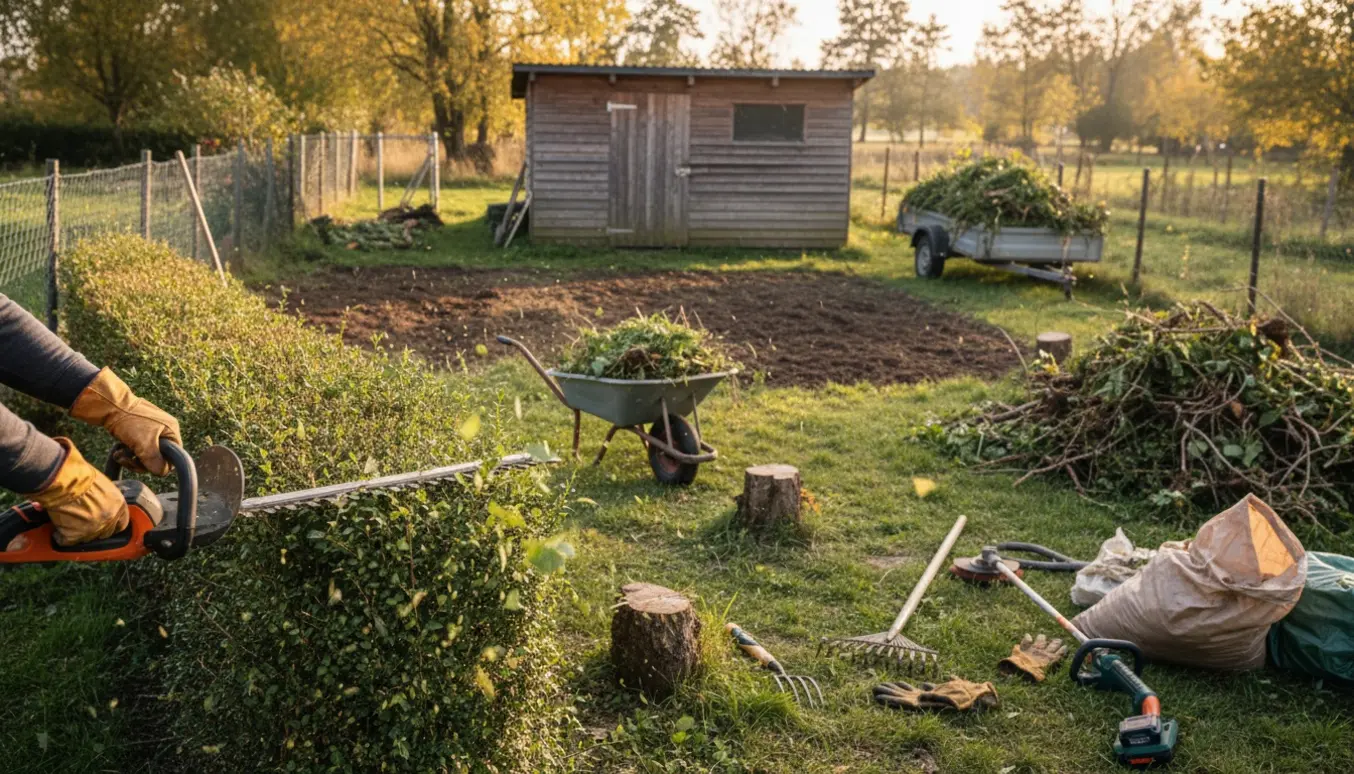 Kolonihave under oprydning med batteridrevet hækkeklipper, redskaber og trailer til haveaffald.