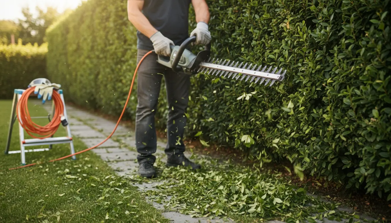 Nærbillede af en el-hækklipper i brug langs en høj, tæt hæk med afklip spredt på græsplænen.