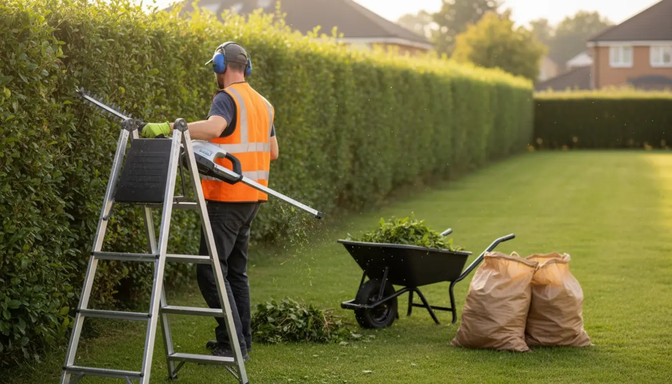 Lang hæk klippes af en person set bagfra, med bunker af afklip og poser klar ved siden af.