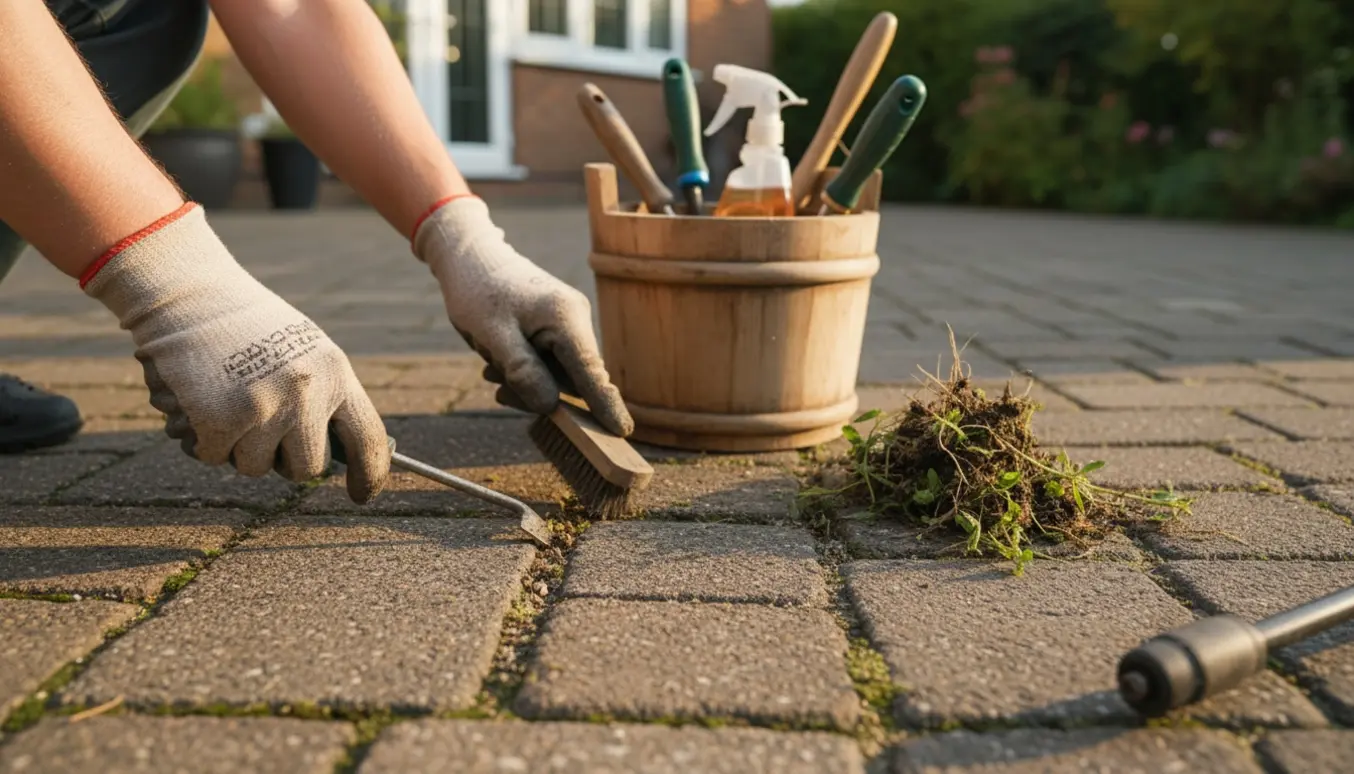 Nærbillede af handskerede hænder, der fjerner ukrudt mellem fliser i en soloplyst indkørsel.