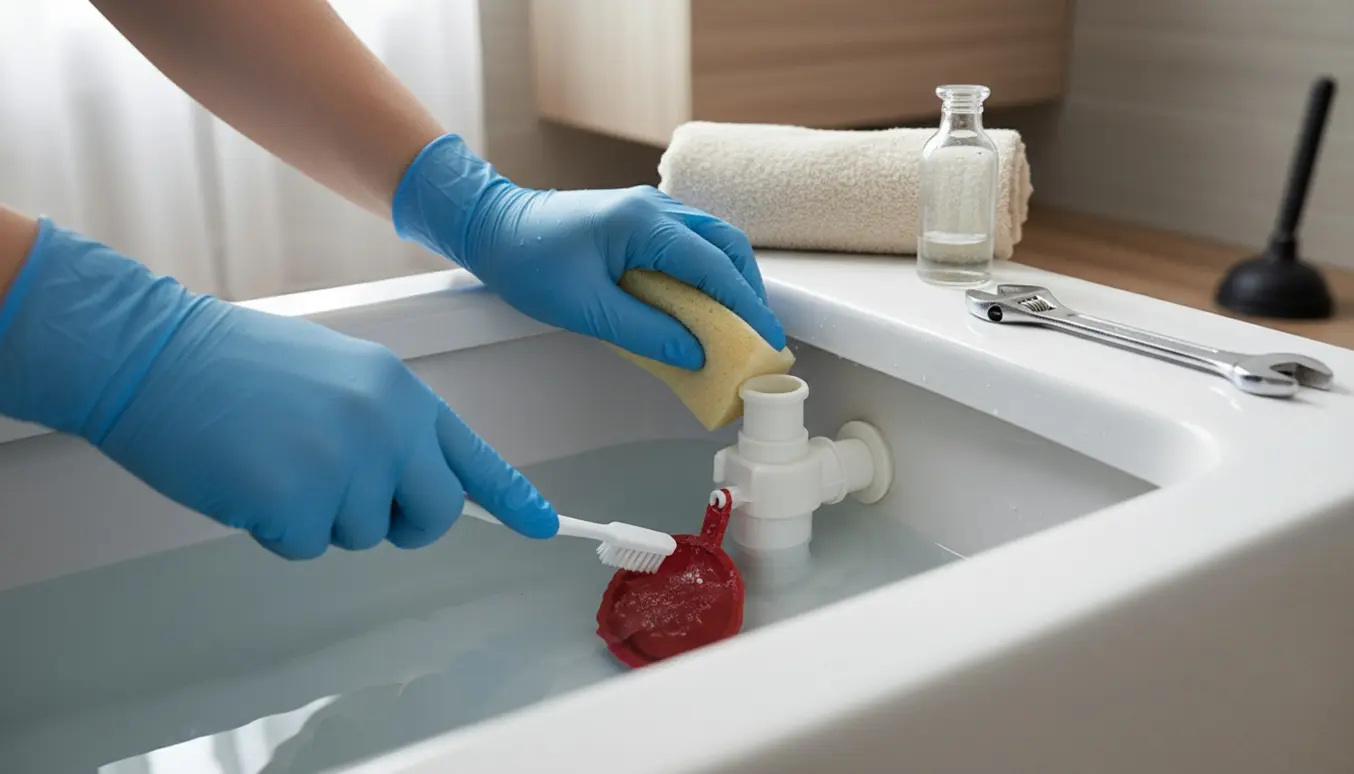 Nærbillede af en åben toiletcisternes indre, hvor hænder i handsker renser flappen med en børste.