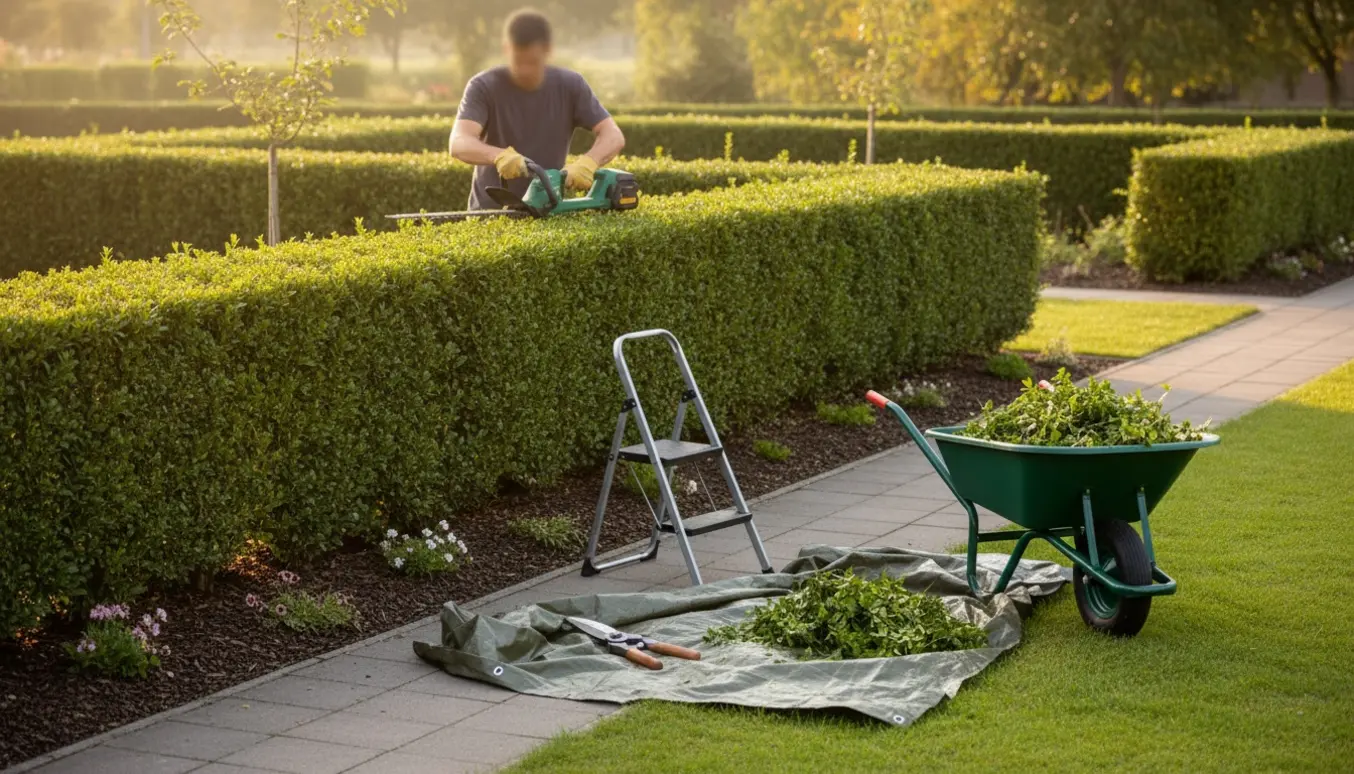 En ligusterhæk klippes ved et hjørne af haven med hækkeklipper, trillebør og bunker af afklip.