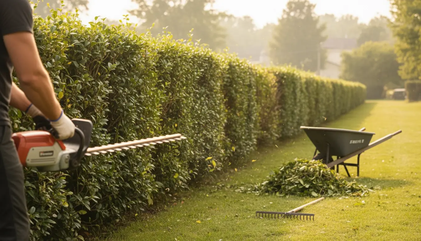 En håndværker set bagfra klipper én side af en lang hæk med en hækkeklipper, og friske kviste ligger samlet ved siden af.