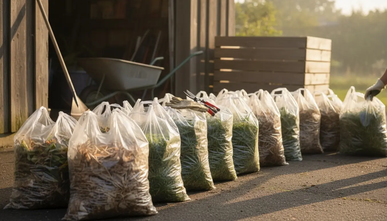 Omkring 10–12 gennemsigtige sække med vådt og tørt haveaffald med grene, græs og plantedele på indkørslen.