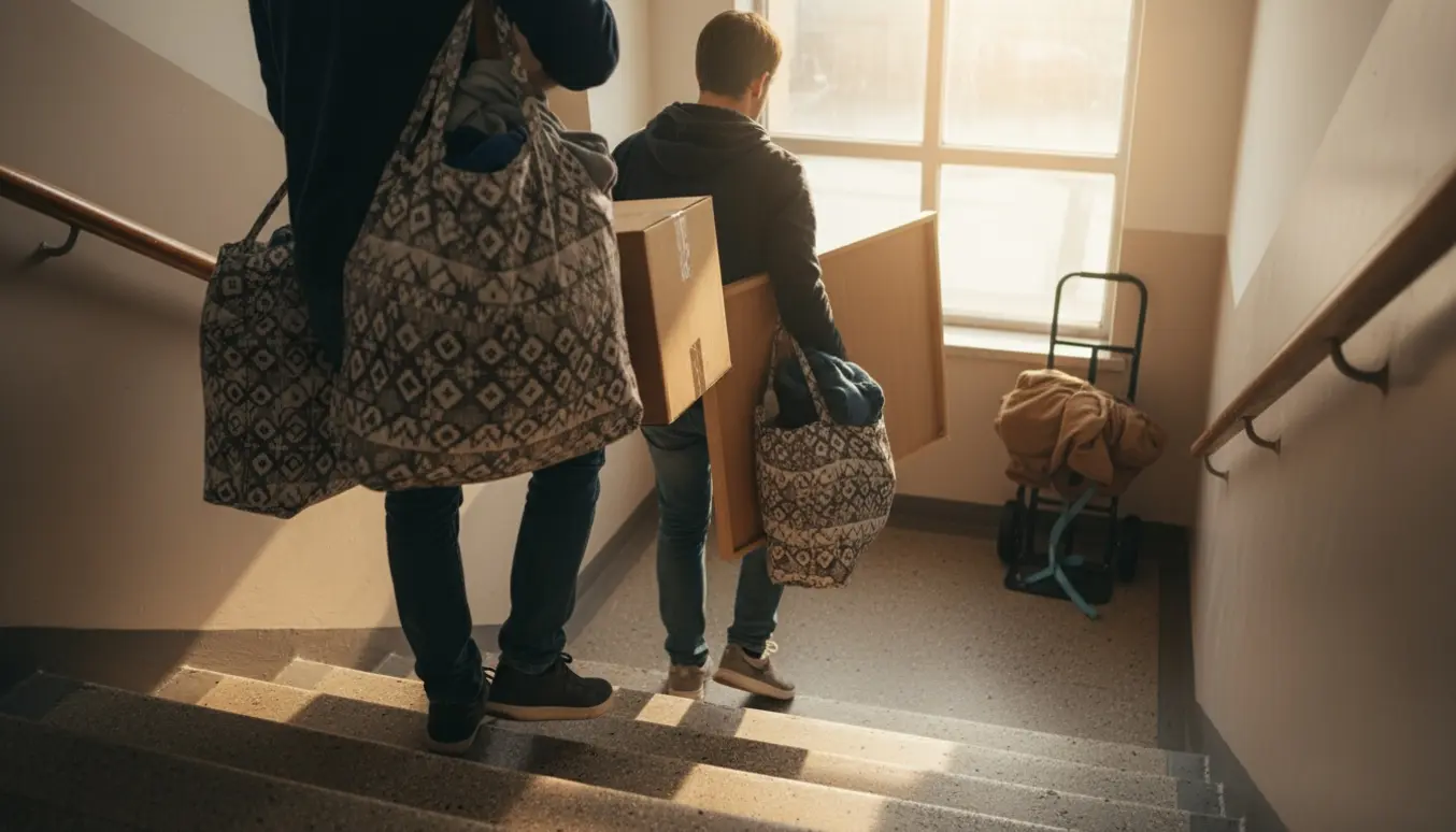 To personer bærer store poser med tøj og lettere møbler ned ad en opgangstrappe i morgenslys.