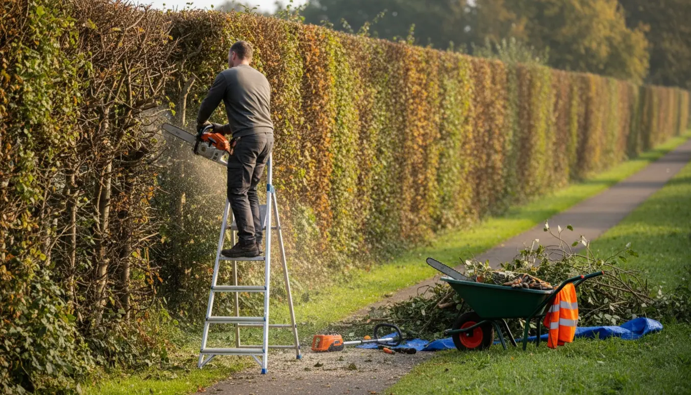 En person skærer toppen af en ældre hæk langs en sti med motorsav, afklip samlet i bunker til bortskaffelse.