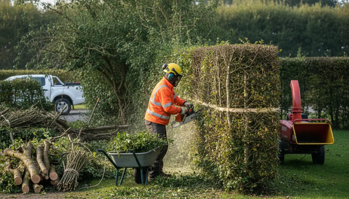Lang tjørnehæk bliver klippet ned med motorsav, bunker af afklip og trillebør til bortskaffelse.