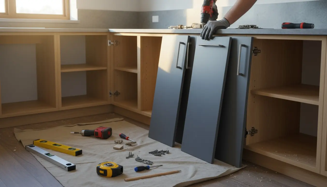Indbyggede køkkenskabe er fjernet og nye skabslåger ligger klar ved værktøj i et køkken under renovering.