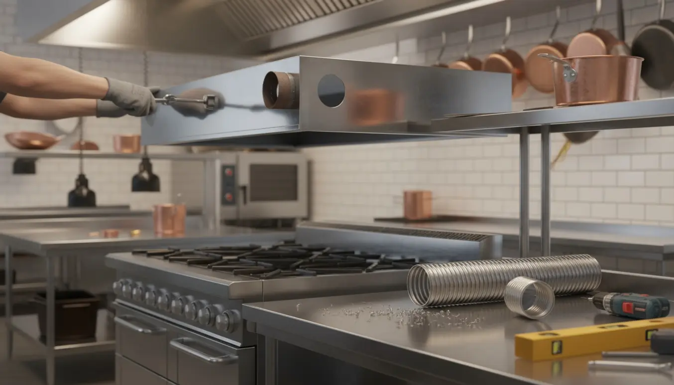 Tekniker i et restaurationskøkken monterer en ny emhætte og forbereder et rundt hul til aftræksrøret.