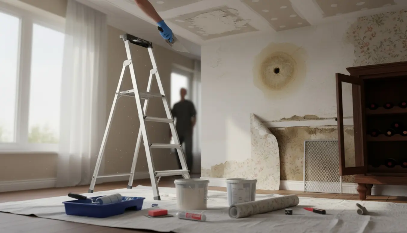 Loftplade spartles og væg med hul og delvist fjernet tapet ved et vinskab i et lyst renoveringsrum.