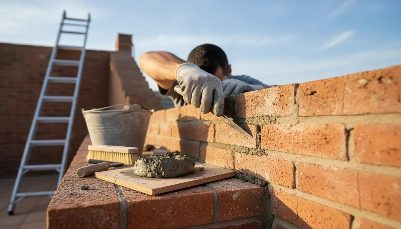 Murer på lang stige reparerer en løs murfuge ved en tagterrasse med mørtel og murske.