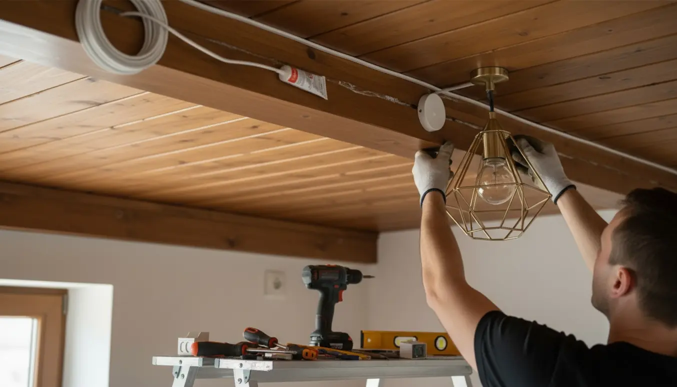 Håndværker monterer loftlampe med hvidt fladt kabel i en rille i træloftet, værktøj ligger klar.