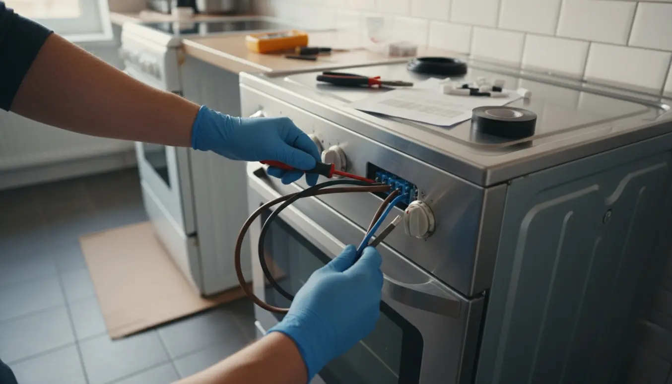 Hænder i handsker forbinder farvekodede ledninger til bagsiden af et nyt komfur i et lyst køkken.