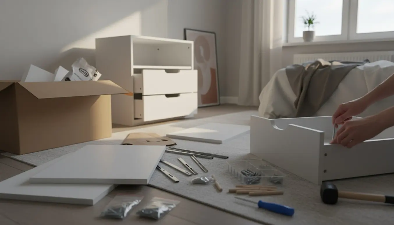 Nærbillede af hænder, der samler en hvid 4-skuffers kommode på et lyst soveværelsesgulv.