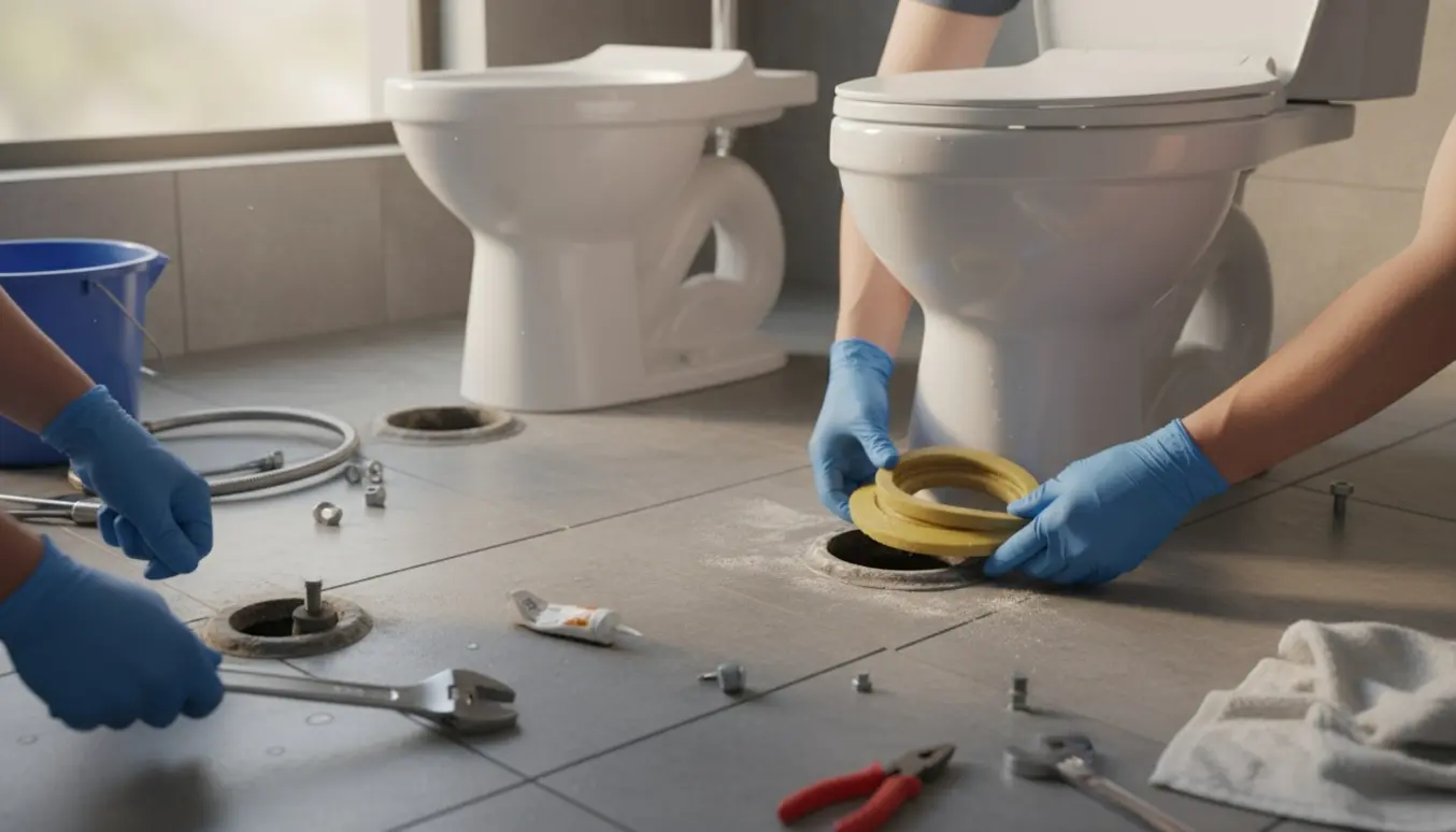 Nyt toilet er ved at blive monteret i et lyst badeværelse med handsker, skruenøgle og værktøj på flisegulvet.