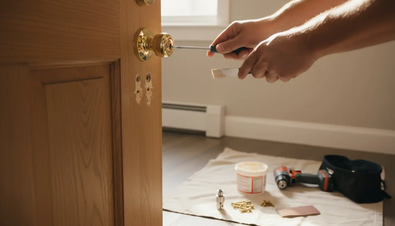 Nærbillede af en dør, hvor et dørhåndtag genmonteres og gamle huller spartles med værktøj ved siden af.