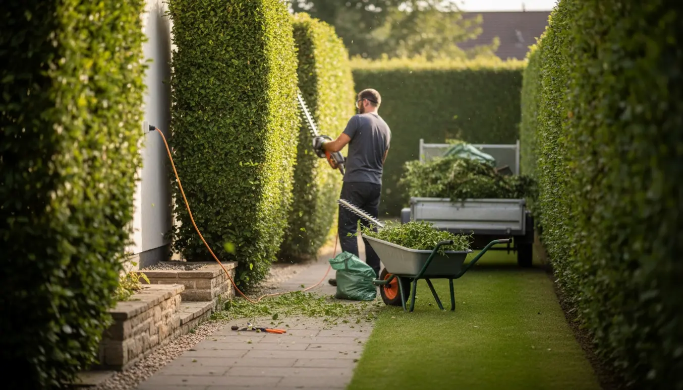 Person trimmer hække langs en havegang med synlig stensætning, mens afklip samles i trillebør og sække.