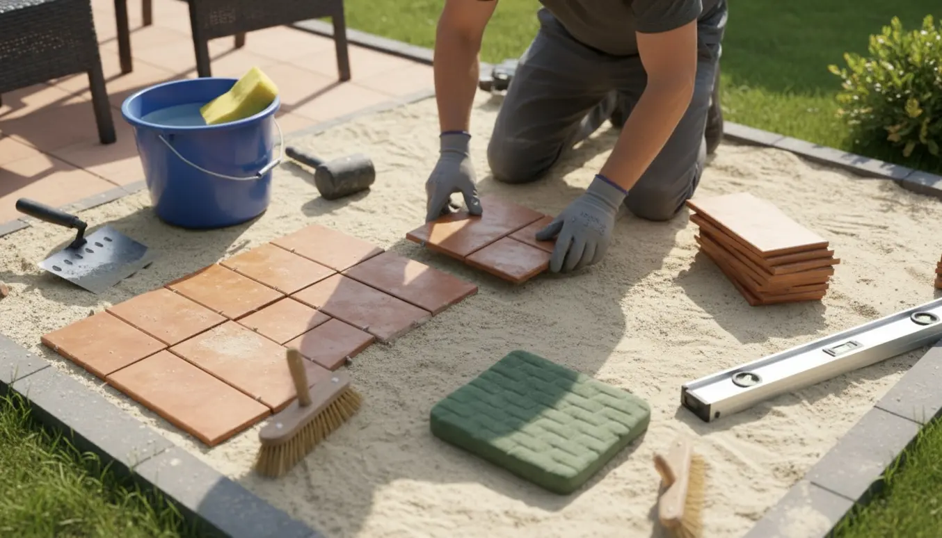 Hænder lægger keramiske fliser på et sandbaseret underlag på en lille terrasse.